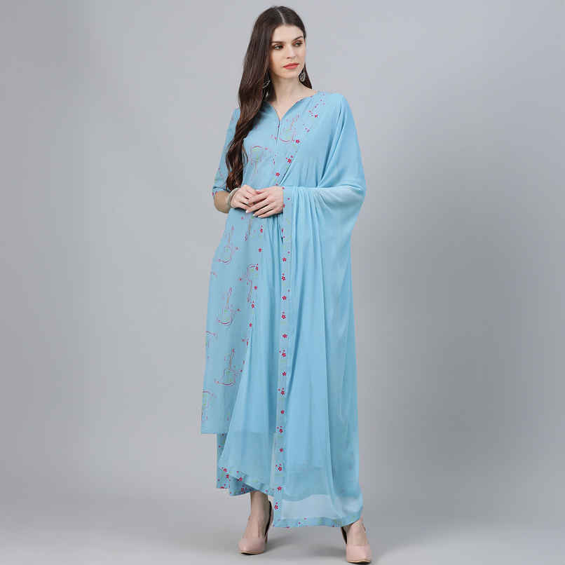 Libas Women's Printed Rayon Straight Kurta With Palazzos & Dupatta | Blue - M