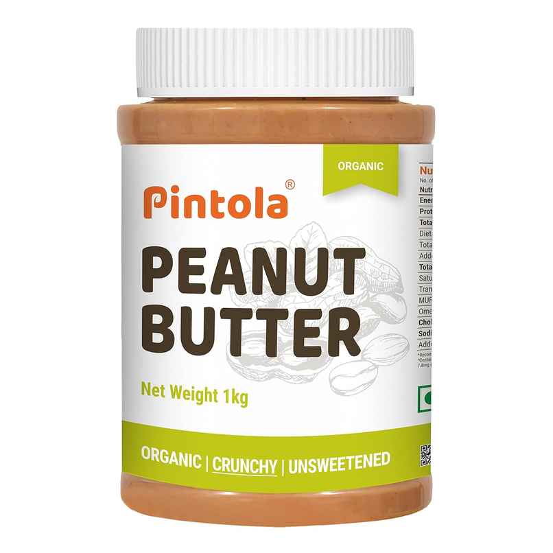 Pintola Organic Unsweetened Peanut Butter Crunchy - High Protein 30G & 9G Dietary Fiber