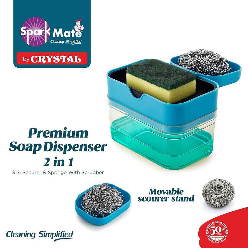 Sparkmate By Crystal Premium Soap Dispenser 2 In 1 - Ss Scourer & Sponge With Scrubber