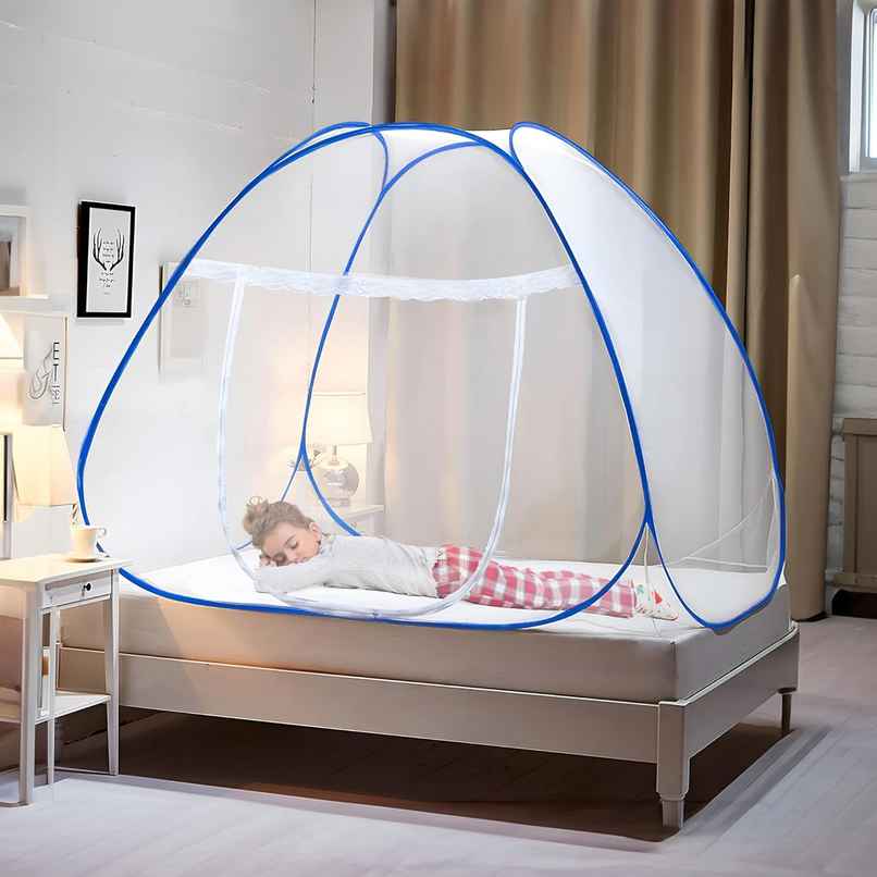 Kuber Industries Foldable Nylon Mosquito Net For Double Bed | Blue - 6.5 x 4 ft