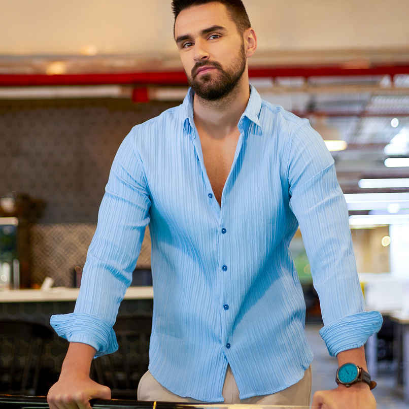 Campus Sutra Men's Polyester Blend Self-Design Striped Shirt | Blue | M