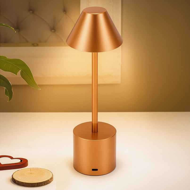 Homesake Metal Cone Table Lamp | Portable Dimmable | Touch Control | Wireless Charging | Rose Gold