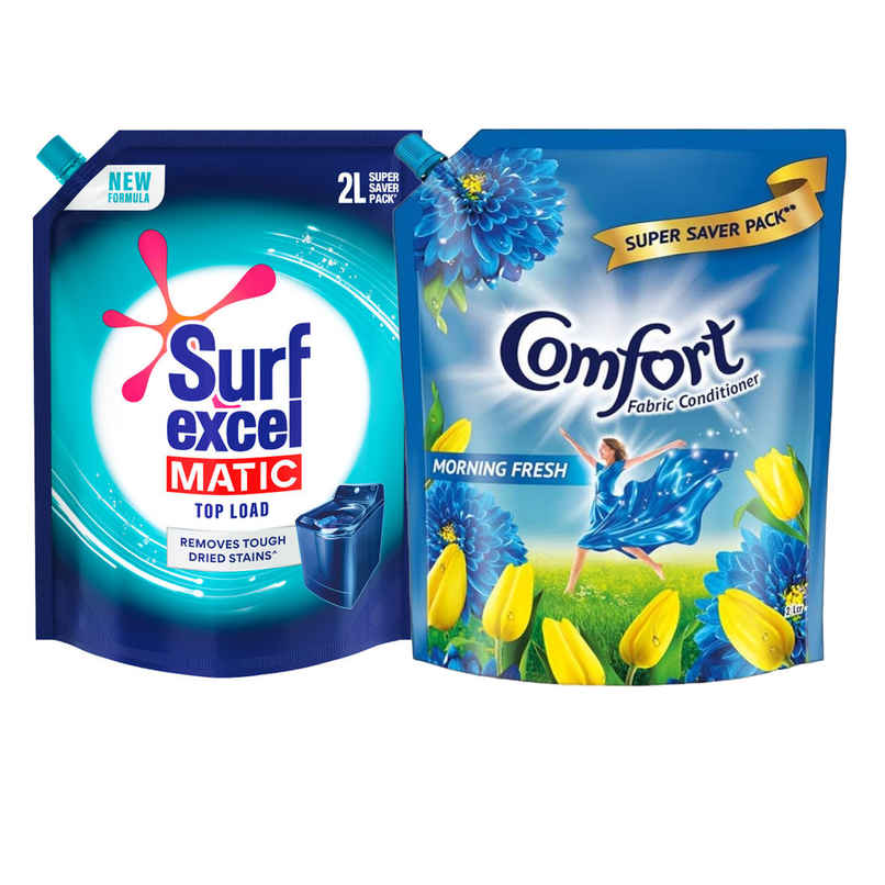 Surf Excel Matic Top Load Detergent Liquid Refill | Tough Dried Stain Removal (2L) & Comfort Morning Fresh After Wash Fabric Conditioner (2L) Combo Surf Excel Matic Top Load Detergent Liquid Refill | Tough Dried Stain Removal (2L) & Comfort Morning Fresh After Wash Fabric Conditioner (2L) Combo