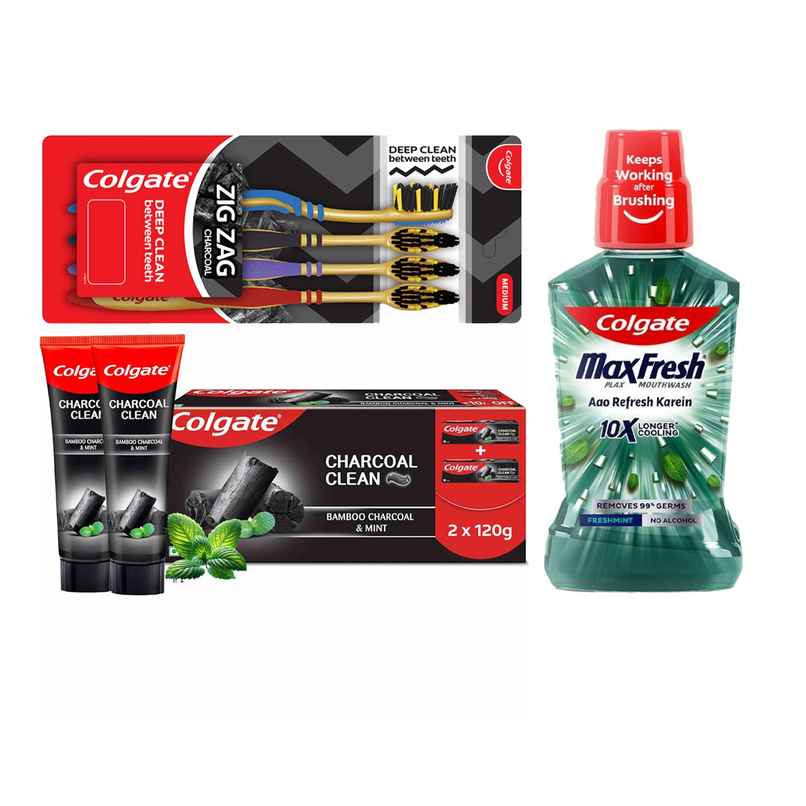 Colgate Zigzag Charcoal Medium Bristle Manual Toothbrush For Adults (4pc) & Colgate Max Fresh Plax Mouthwash - Fresh Mint (250ml) & Colgate Charcoal Clean Black Gel Toothpaste Deep Clean With Bamboo Charcoal & Wintergreen Mint (240g) Combo