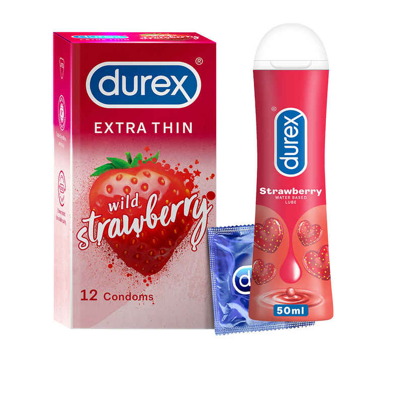 Durex Extra Thin Wild Strawberry Flavoured Condoms (12pc) & Durex Lube - Strawberry - Flavoured Lubricant (50ml) Combo