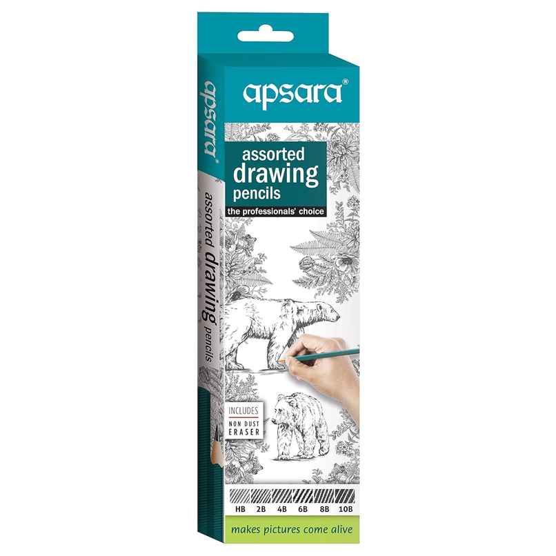 Apsara Assorted Drawing Pencils (Hb, 2b, 4b, 6b, 8b, 10b), Impregnated Lead, for Artists, Pack of 6