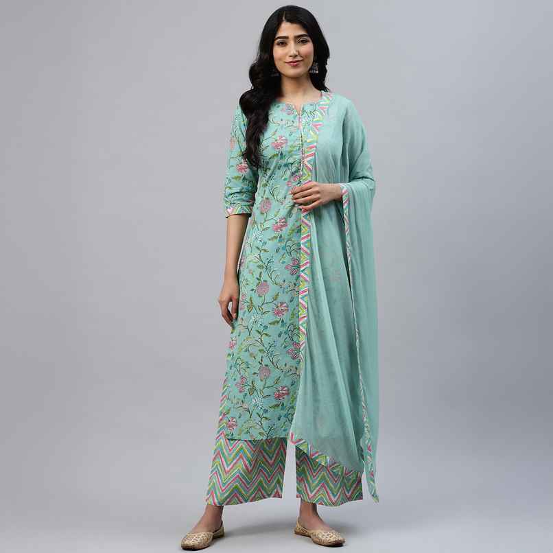 Libas Women's Printed Cotton Straight Suit Set with Dupatta | Multicolour - L