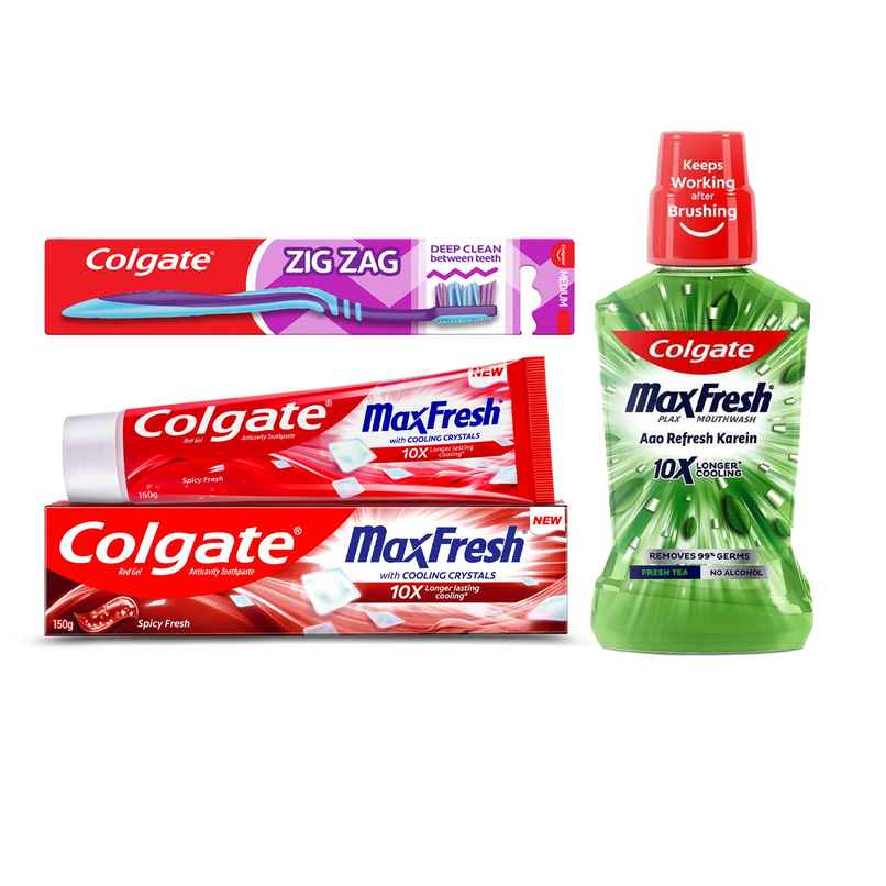 Colgate Zigzag Medium Bristle Toothbrush (1pc) & Colgate Mouthwash - Maxfresh Plax Fresh Tea Alcohol Free Imported (250ml) & Colgate Maxfresh Toothpaste, Red Gel Paste With Menthol For Super Fresh Breath (Spicy Fresh) (150g) Combo