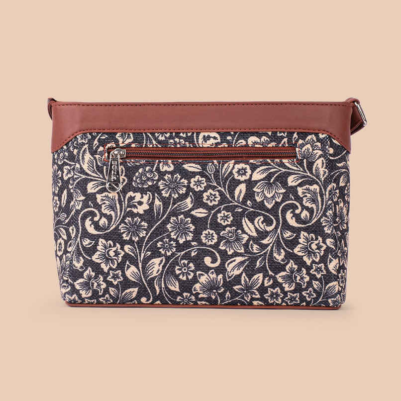 Zouk Women's Floral Vegan Leather and Handcrafted Fabric 3.69 L Sling Bag | Black - One Size