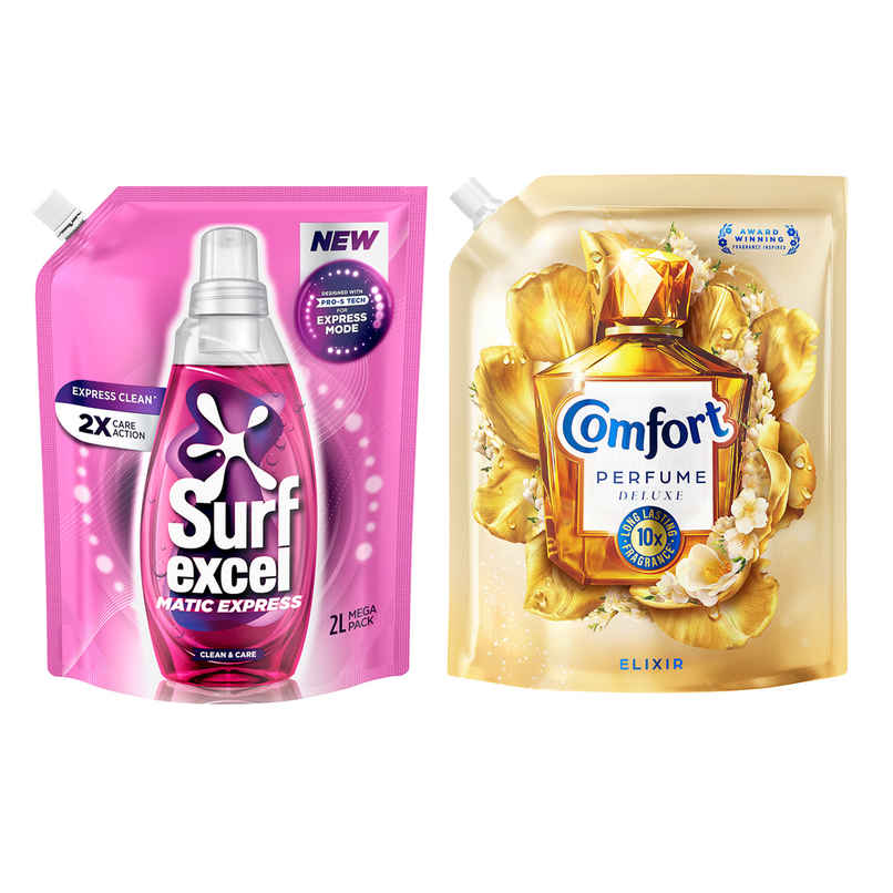 Surf Excel Matic Express Clean & Care (2L) & Comfort Perfume Deluxe Elixir (1.8L) Combo Surf Excel Matic Express Clean & Care (2L) & Comfort Perfume Deluxe Elixir (1.8L) Combo