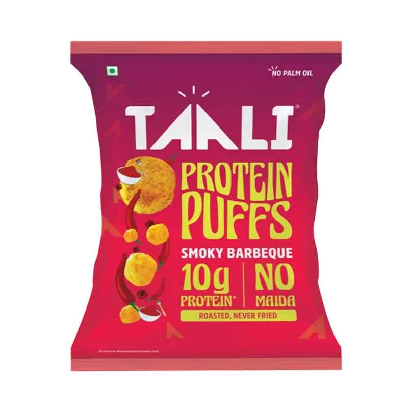 Taali Protein Puffs | Smoky Barbeque Snack, Roasted, Corn & Jowar Puff, No Maida Taali Protein Puffs | Smoky Barbeque Snack, Roasted, Corn & Jowar Puff, No Maida