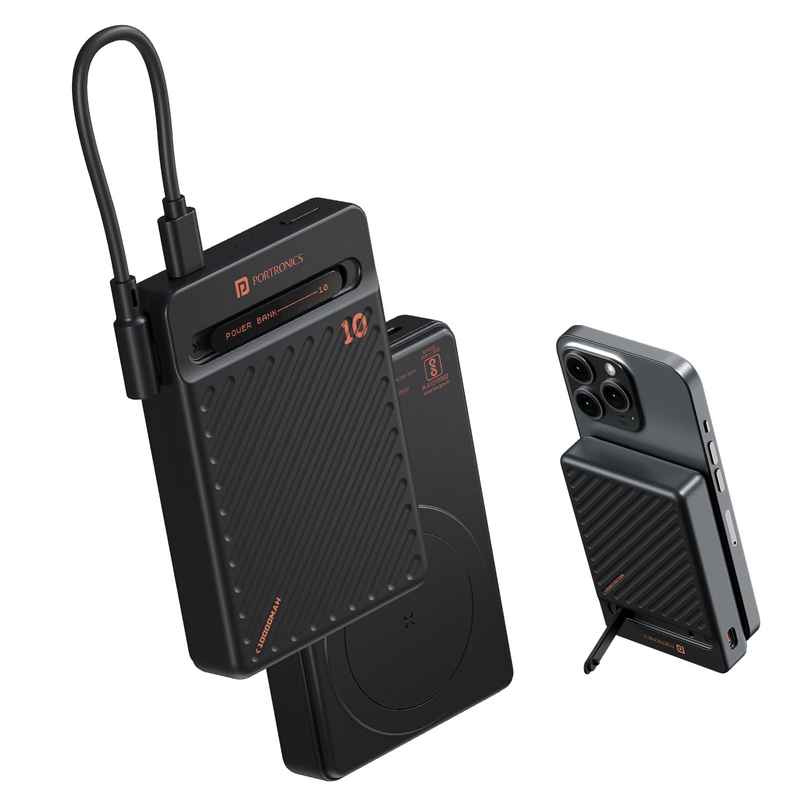 Portronics Chyro 10000 mAh Magnetic Wireless Fast Charging Powerbank with MagSafe Stand | Black