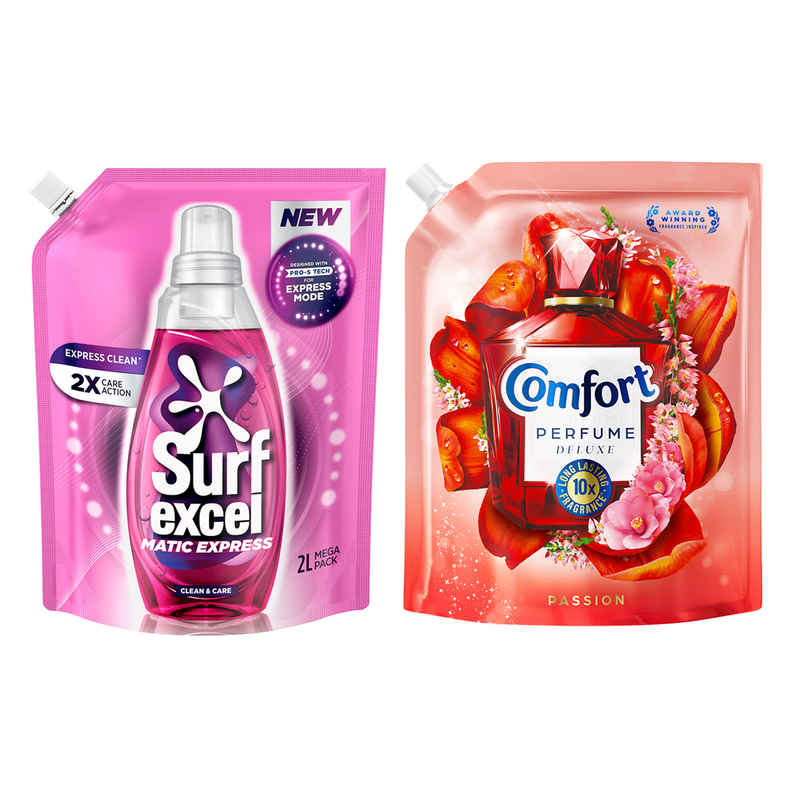 Surf Excel Matic Express Clean & Care (2L) & Comfort Perfume Deluxe Passion (1.8L) Combo Surf Excel Matic Express Clean & Care (2L) & Comfort Perfume Deluxe Passion (1.8L) Combo