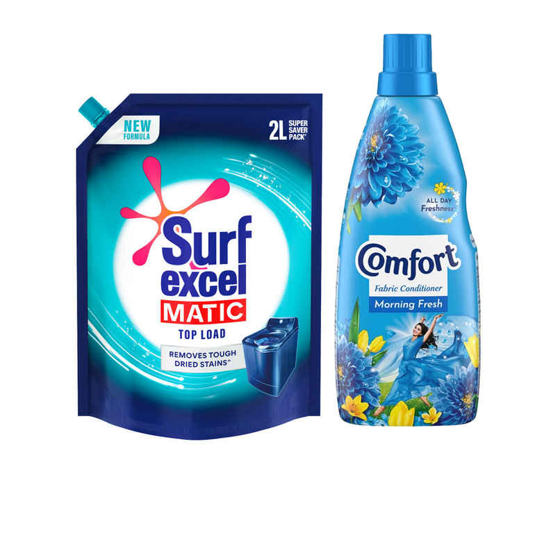Surf Excel Matic Top Load Detergent Liquid Refill | Tough Dried Stain Removal (2L) & Comfort Morning Fresh After Wash Fabric Conditioner (430ml) Combo Surf Excel Matic Top Load Detergent Liquid Refill | Tough Dried Stain Removal (2L) & Comfort Morning Fresh After Wash Fabric Conditioner (430ml) Combo