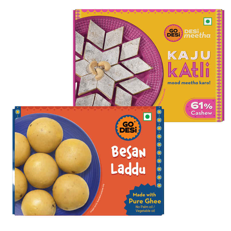Premium Kaju Katli, 61% Cashew | Burfi | Kaju Katri | Sweets By Go Desi (180g) & Besan Laddoo | With Ghee | Laddu | Sweets By Go Desi (180g) Combo