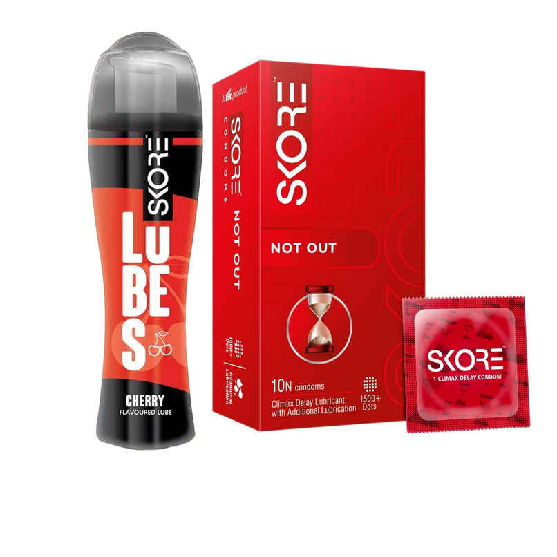 Skore Not Out Condoms - Climax Delay & Dotted (10pc) & Skore Lubes - Cherry Flavour (50ml) Combo Skore Not Out Condoms - Climax Delay & Dotted (10pc) & Skore Lubes - Cherry Flavour (50ml) Combo