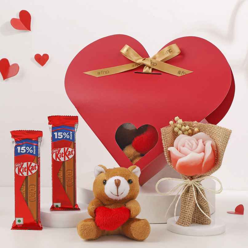 Romantic Heart-Shaped Hamper with Teddy, Chocolate & Flower | FNP
