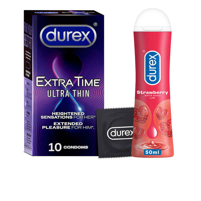 Durex Extra Time Ultra Thin Condom (10pc) & Durex Lube - Strawberry - Flavoured Lubricant (50ml) Combo