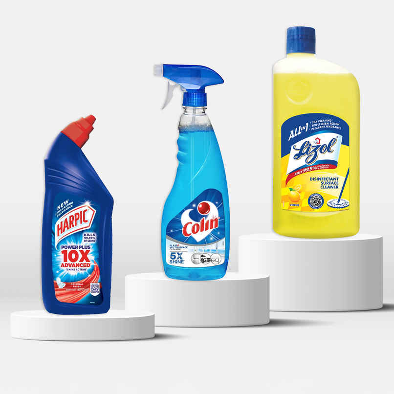 Harpic Original Toilet Cleaner Liquid (1L) & Lizol Citrus Floor Cleaner Liquid (1L) & Colin Glass Cleaner & Surface Cleaner Liquid Spray (500ml) Combo