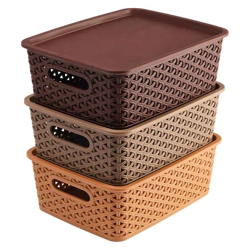 Kuber Industries Pack of 3 Multipurpose Solitaire Medium Storage Basket with Lid|Multi