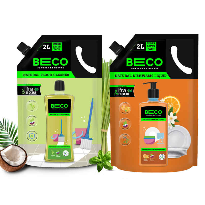 Beco Lemongrass & Basil Freshness Natural Disinfectant Floor Cleaner Refill Pack (2L) & Beco Natural Orange Citrus Freshness Dishwash Liquid Refill (2L) Combo
