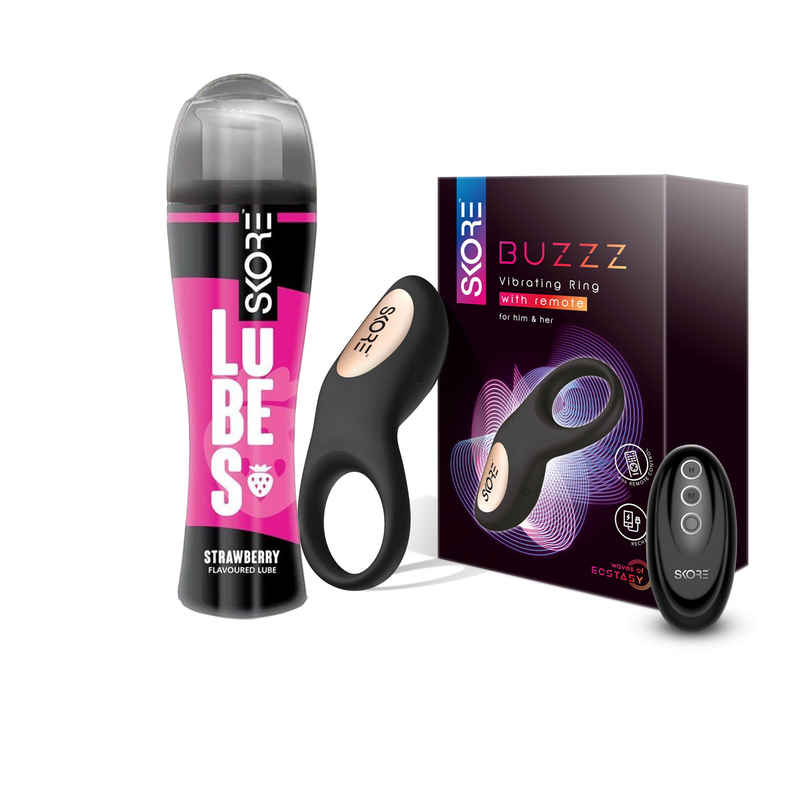 Description - Skore Lubes - Strawberry Flavour (50ml) & Skore Vibrating Ring - Buzzz With Remote For Him And Her (1pc) Combo
