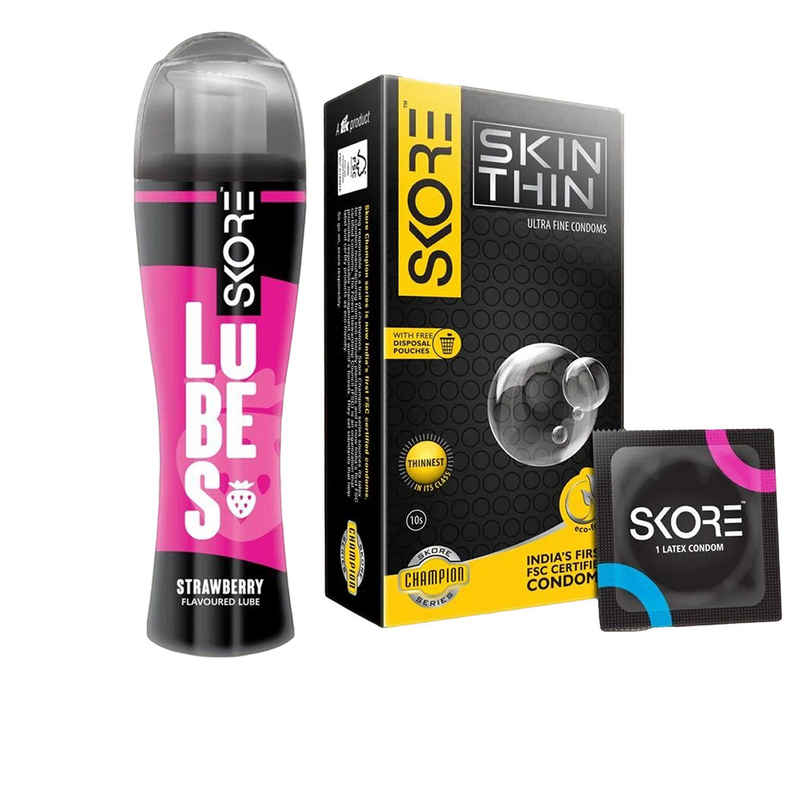 Skore Skin Thin Condoms (10pc) & Skore Lubes - Strawberry Flavour (50ml) Combo Skore Skin Thin Condoms (10pc) & Skore Lubes - Strawberry Flavour (50ml) Combo