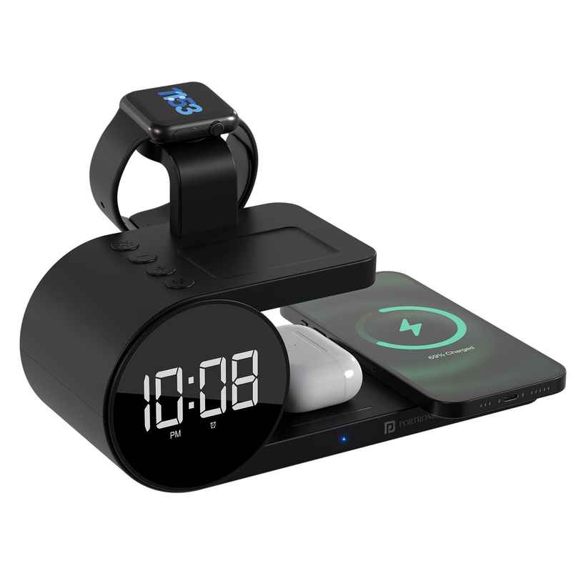 Portronics Freedom 6 15W Wireless Charger with 6-in-1 Function, Earbuds & Watch Wireless Charging, Digital Clock with Alarm, Compatible with iPhones/Samsung Smartphone Series Portronics Freedom 6 15W Wireless Charger with 6-in-1 Function, Earbuds & Watch Wireless Charging, Digital Clock with Alarm, Compatible with iPhones/Samsung Smartphone Series