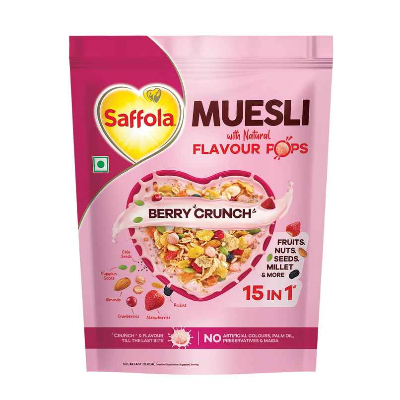 Saffola Muesli Berry Crunch With Flavour Pops, Fruits, Nuts, Seeds, Millets (15 In 1)