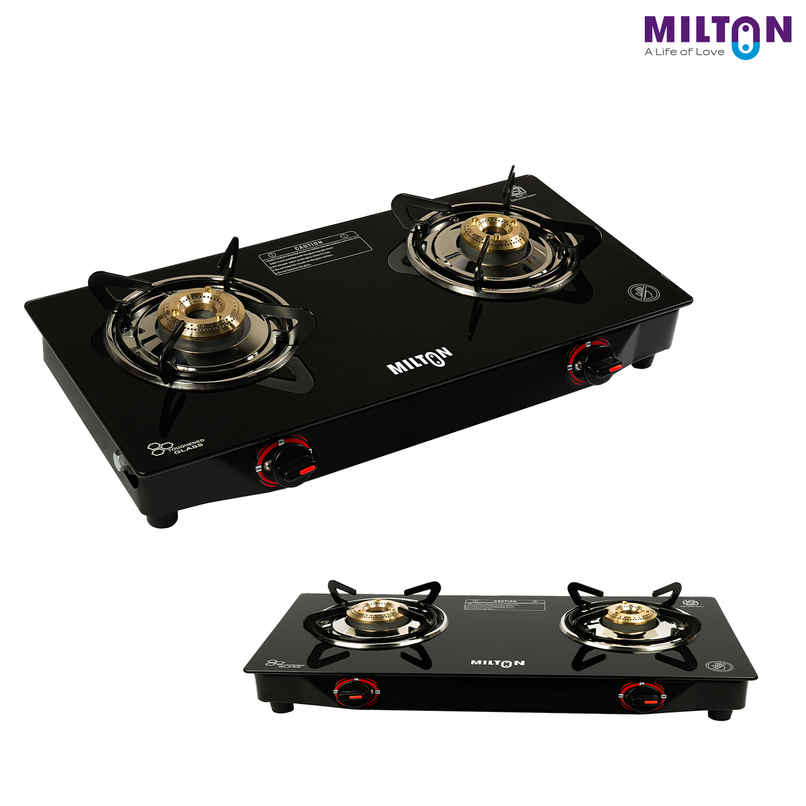 Milton Premium 2 Burner Black Manual Ignition LPG Glass Top Gas Stove, | ISI Certified