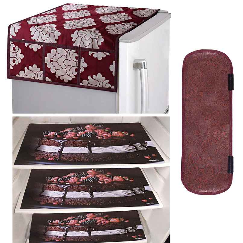 Kuber Industries Pvc 3 Pcs Fridge Mats | 1 Pcs Handle Cover & 1 Pcs Fridge Top Cover|Maroon