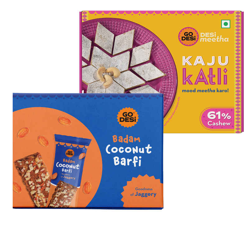 Premium Kaju Katli, 61% Cashew | Burfi | Kaju Katri | Sweets By Go Desi (180g) & Badam Coconut Barfi, 8 Pcs | Burfi | Sweets | By Go Desi (96g) Combo Premium Kaju Katli, 61% Cashew | Burfi | Kaju Katri | Sweets By Go Desi (180g) & Badam Coconut Barfi, 8 Pcs | Burfi | Sweets | By Go Desi (96g) Combo