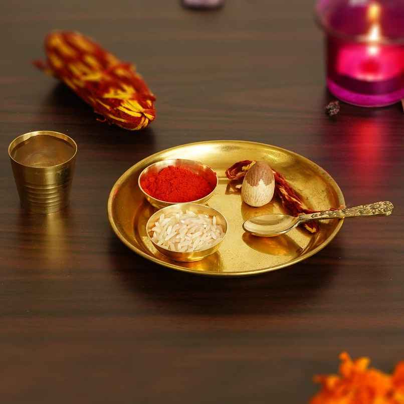 eCraftIndia 5 in Brass Puja Thali With 2 Katori/Bowls, 1 Spoon And 1 Glass
