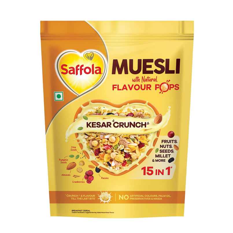 Saffola Muesli Kesar Crunch With Flavour Pops, Fruits, Nuts, Seeds, Millets (15 In 1)