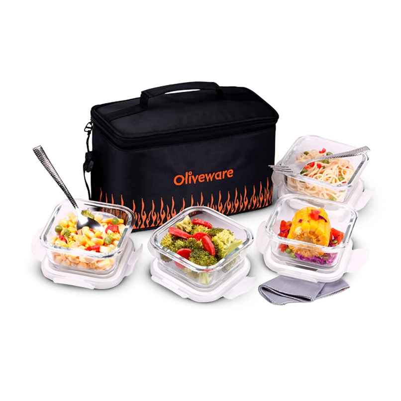 Oliveware Olivia Borosilicate Glassware Lunchbox , 4 Microwave Safe Containers - Black Orange