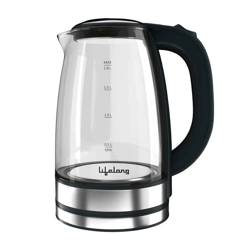 Lifelong Glass Kettle, 1350W, LED light Borosilicate, Auto Shut-Off, Cool Touch | Black - 1.8 L