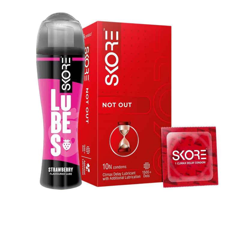 Skore Not Out Condoms - Climax Delay & Dotted (10pc) & Skore Lubes - Strawberry Flavour (50ml) Combo Skore Not Out Condoms - Climax Delay & Dotted (10pc) & Skore Lubes - Strawberry Flavour (50ml) Combo