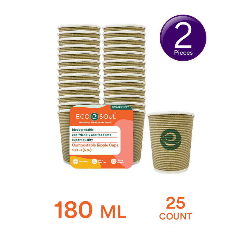 ECO SOUL 180 ml | 25 Count | Disposable Cup - Glass Combo