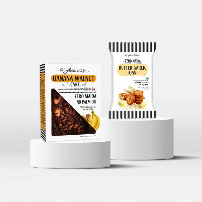 The Baker'S Dozen Wholewheat Banana Walnut Cake (150g) & The Baker'S Dozen Zero Maida Butter Garlic Toast Baked Snack No Palm Oil No Preservatives 100% Wholewheat (90g) Combo