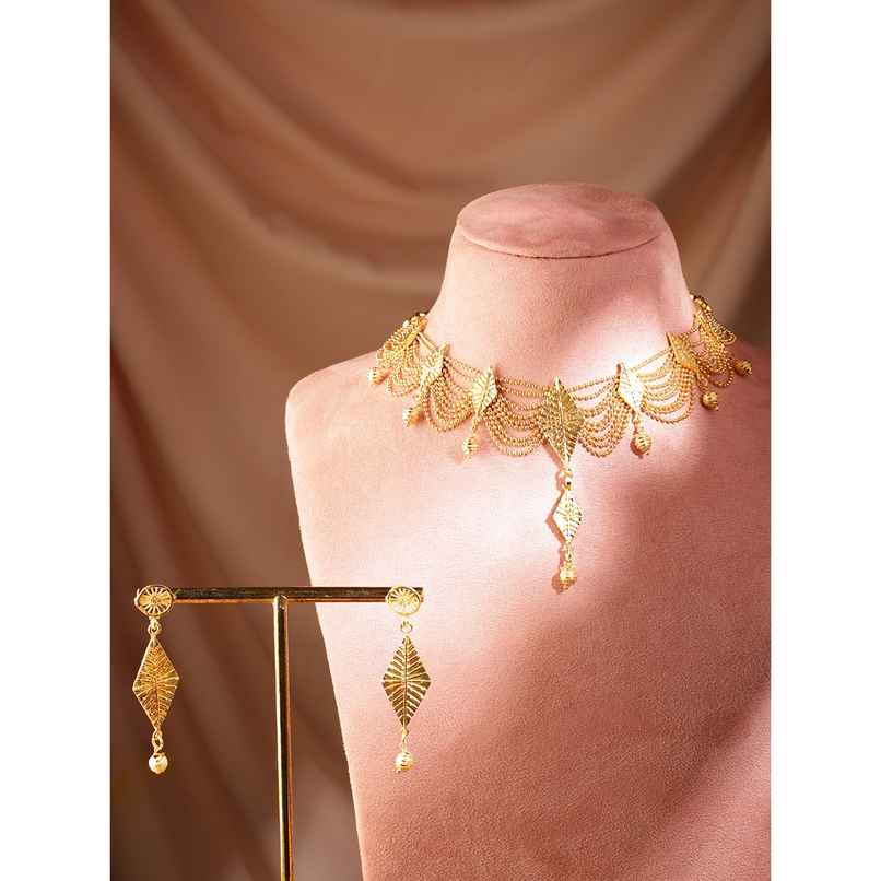 Rubans 22K Gold-Plated Multi-Strand Necklace Set with Leaf Motifs and Matching Drop Earrings