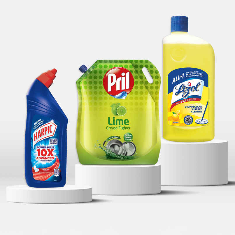 Harpic Original Toilet Cleaner Liquid (1L) & Lizol Citrus Floor Cleaner Liquid (1L) & Pril Lime Dishwash Liquid | Pouch (2L) Combo