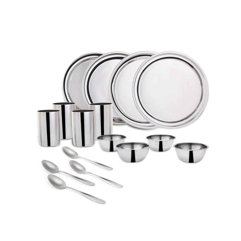 Wonderchef Venice Stainless Steel Dinner Set of 16 Pcs | Plates | Glasses | Bowls | Spoons
