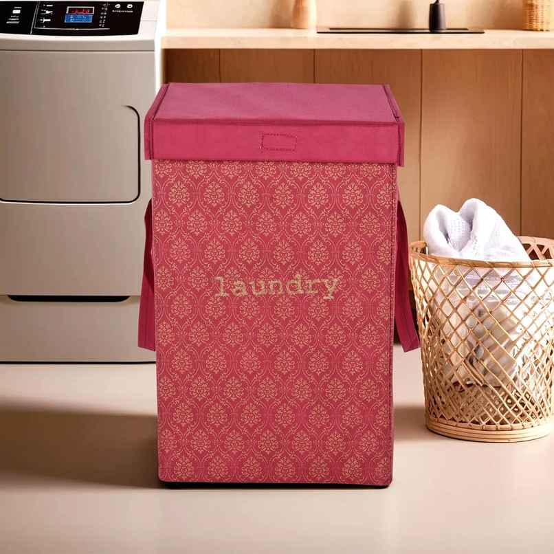 Kuber Industries | 75 L | Golden Print Foldable Laundry Basket | Lid & Handles | Maroon