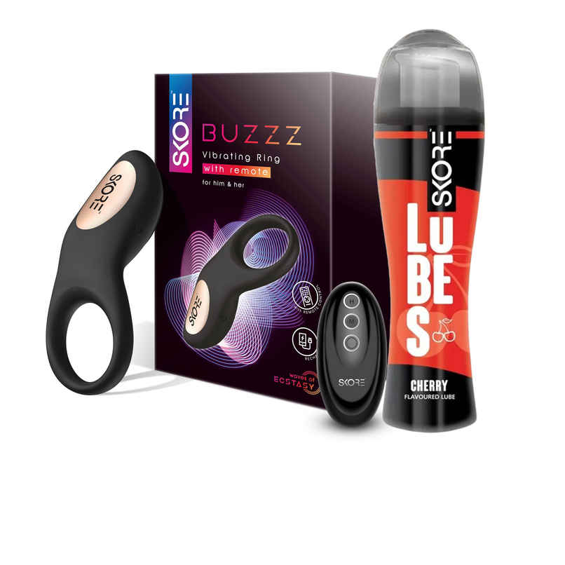 Skore Vibrating Ring - Buzzz With Remote For Him And Her (1pc) & Skore Lubes - Cherry Flavour (50ml) Combo Skore Vibrating Ring - Buzzz With Remote For Him And Her (1pc) & Skore Lubes - Cherry Flavour (50ml) Combo