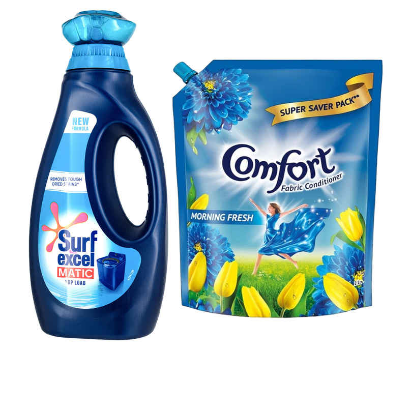 Surf Excel Matic Top Load Detergent Liquid Refill | Tough Dried Stain Removal (1L) & Comfort Morning Fresh After Wash Fabric Conditioner (2L) Combo
