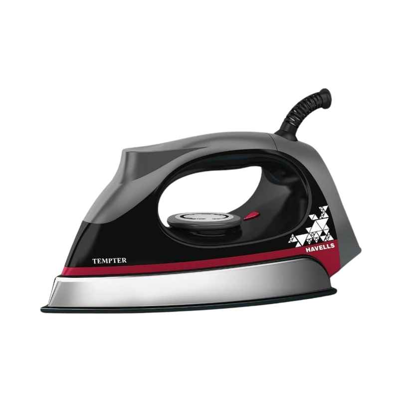 Havells Abs Tempter 1000 Watts Dry Iron Press With Greblon E2 Grade Non-Stick Coated Sole Plate Aerodynamic Design With Shock Proof - Black