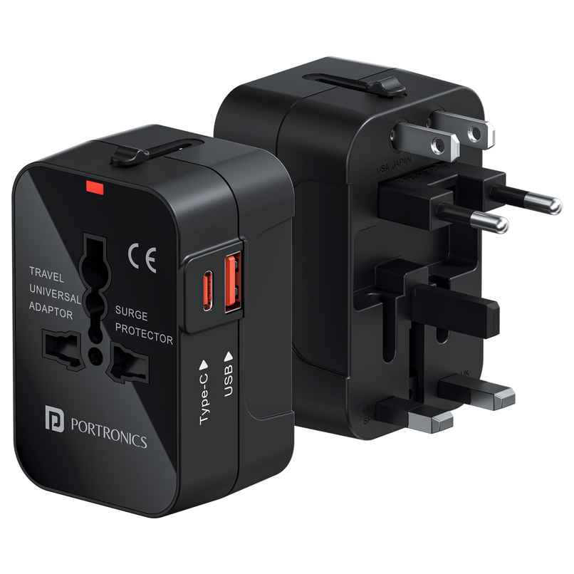 Portronics Juicemate Universal Travel Adapter | 20W | Type C | PD & 18W USB-A Output Port | Black Portronics Juicemate Universal Travel Adapter | 20W | Type C | PD & 18W USB-A Output Port | Black
