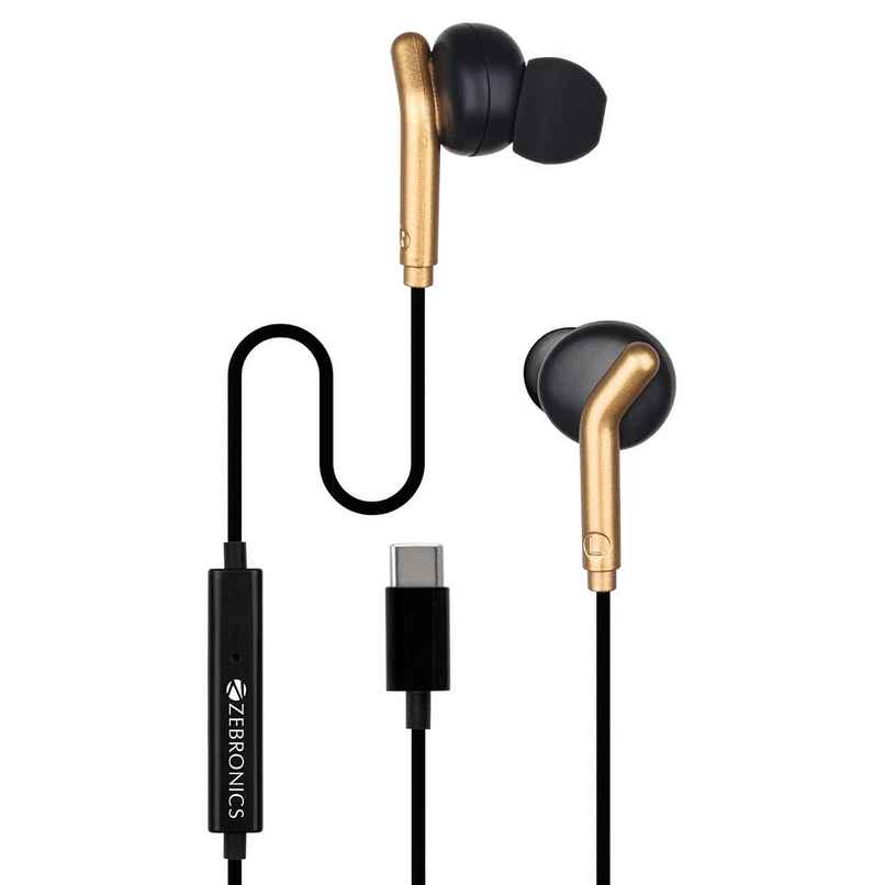 Zebronics Bro C Type C Wired Earphone, 1.2M Cable, Light Weight, In Ear Design | Black + Gold