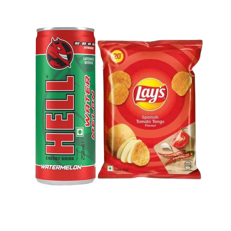 Hell Energy Drink Watermelon & Lay'S Spanish Tomato Tango Potato Chips Combo Hell Energy Drink Watermelon & Lay'S Spanish Tomato Tango Potato Chips Combo