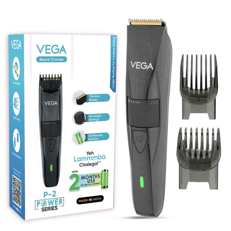 VEGA P-2 Beard Trimmer for Men with 160 Min Runtime, 2 Comb Attachment, Type-C Fast Charging VHTH-26